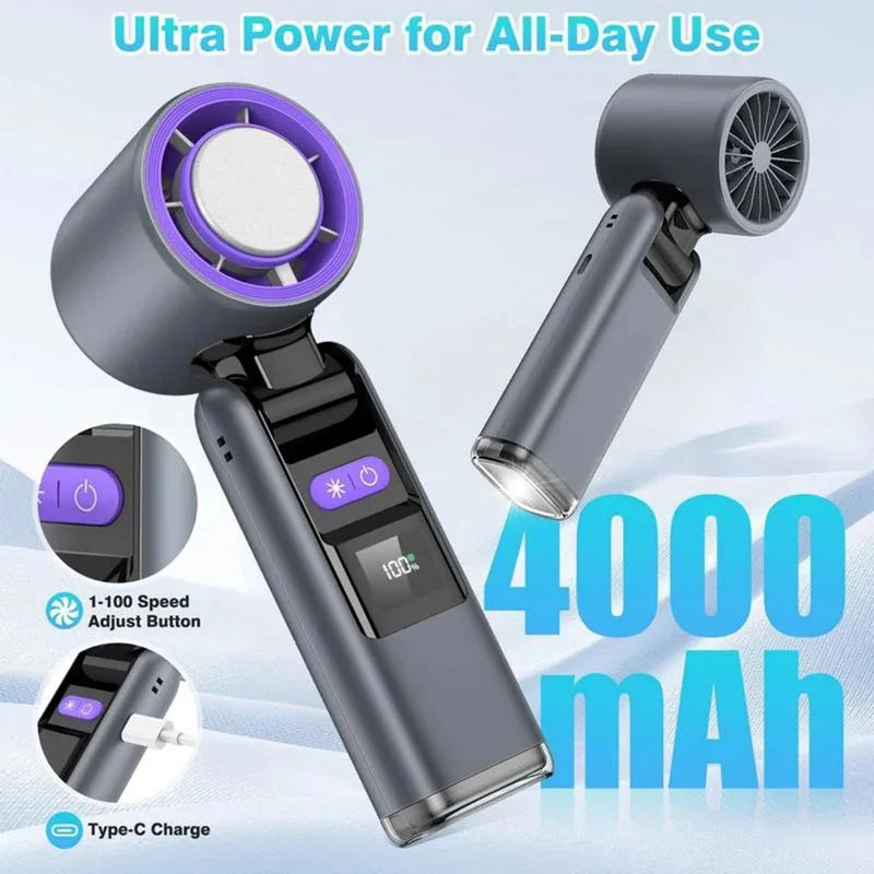 4000mAh Rechargeable Handheld Turbo Fan 199 Gear Wind Speed Semiconductor Refrigeration Cooling Fan Portable Personal Fan