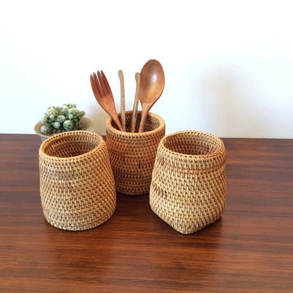 Household Rattan Organizer Chopsticks Shovel Spoons Dinner Knives Forks Tableware Storage Box Storage Baskets